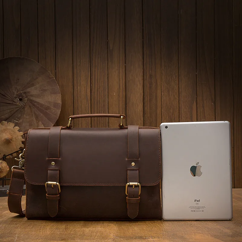 Vintage crazy horse cowhide men's briefcase business casual high-quality natural genuine leather laptop shoulder messenger bag