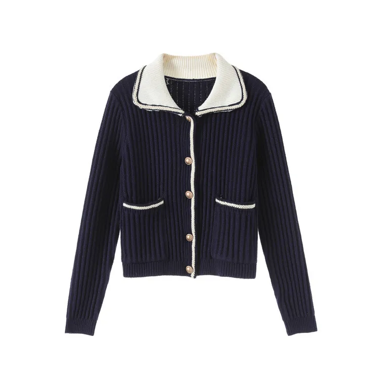 Женский свободный кардиган темно-синего цвета однобортный свитер с отложным