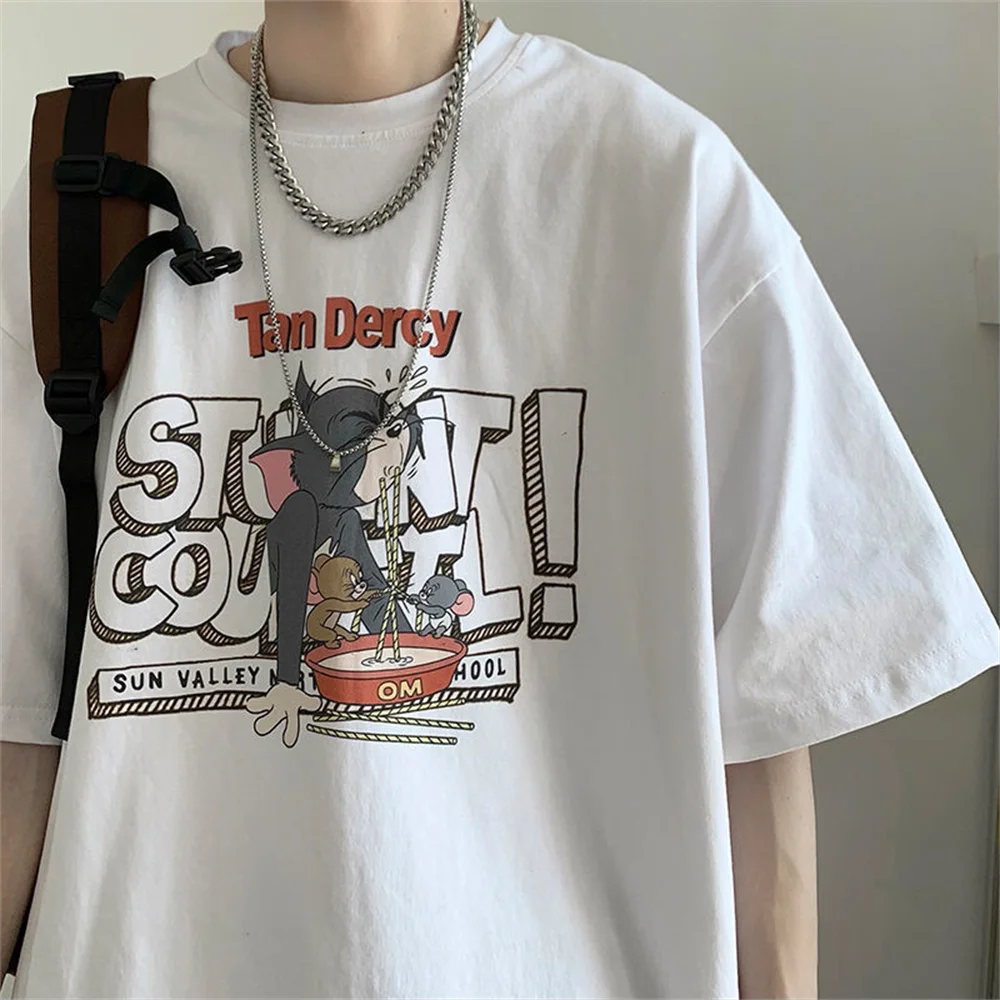 

Футболка мужская оверсайз с мультяшным принтом, уличная одежда в японском стиле, свободная уличная Модная рубашка в стиле Харадзюку, с высо...