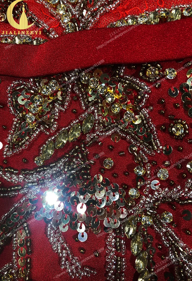 Rhine real Pictures Red Two Peices Satin Gold Beads Mermaid Floor Lengyth Dress Of Mother Arabic Evening Dresses Long