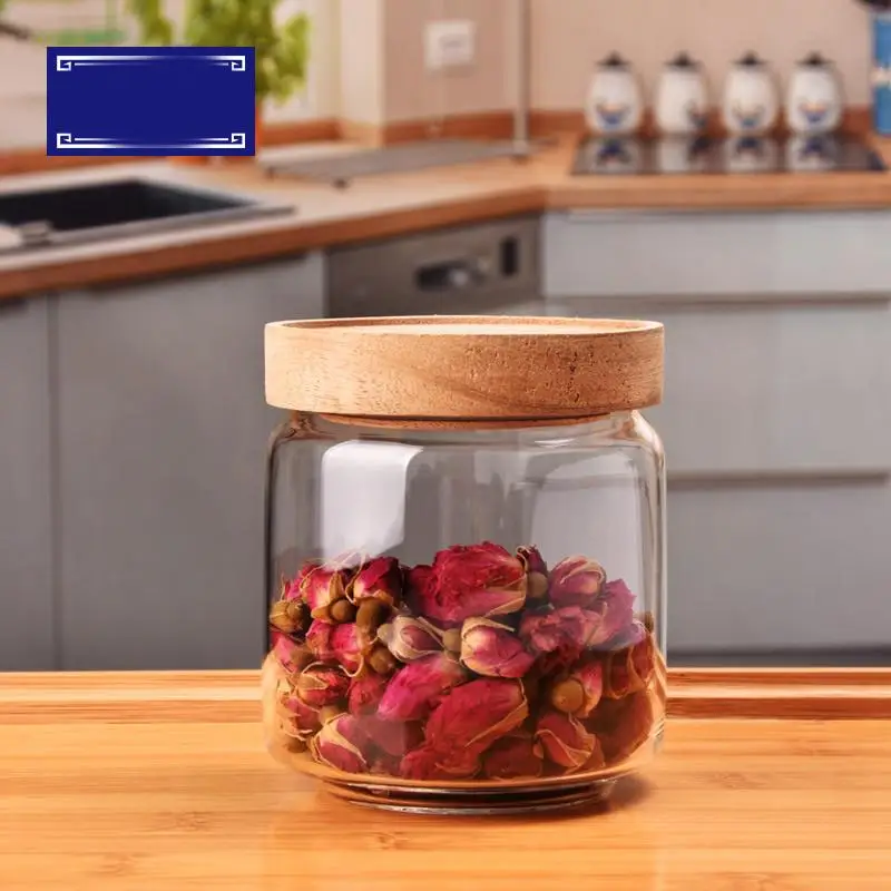 

Glass Storage Jar Transparent Heat-Resistant Glass Bottle Sealed Jar Clear Container With Wooden Lid Kitchen Food Storage Tank