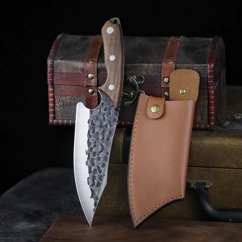 

7" Hand-forged and upgraded version of boning knife thickened yellow pear wooden handle sharp cutting knife outdoor picnic knife