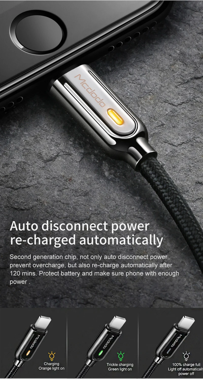 MCDODO светодиодный USB кабель для iPhone 11 Pro X XR XS MAX автоматическое отключение быстрое зарядное устройство телефонный кабель для iPhone 8 7 6s 6 Шнур зарядки