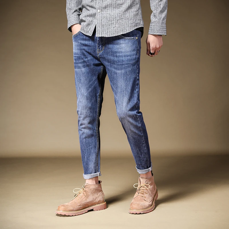 Summer Men's Thin Blue Jeans Stretch Slim Fit Ankle-Length Pants Casual Streetwear Denim Trousers