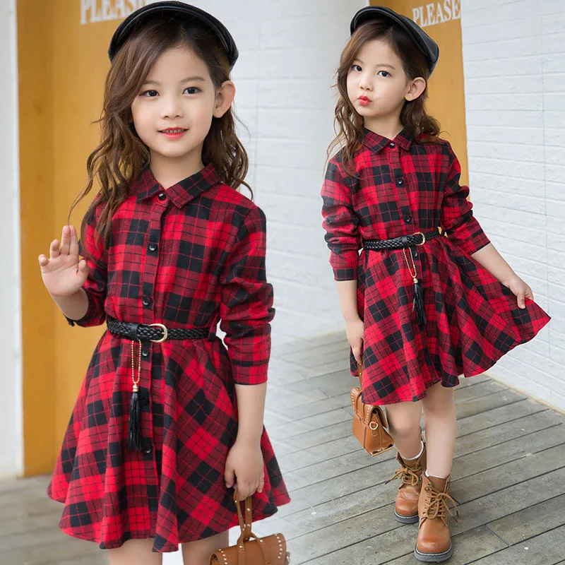 

Kid Girl Shirt Dress 2020 Girls Clothes Casual Long Sleeve Plaid with Belt Fashion Teenager Blouse Dresses