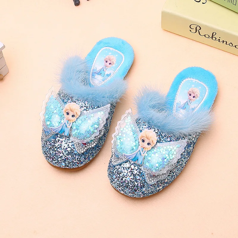 

Disney kids shoes Elsa slippers girls hairy slippers Frozen girl warm soft bottom outdoor slipper cartoon cotton slipper winter