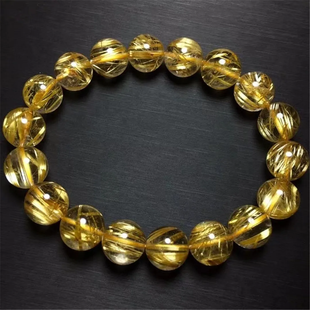 

12mm Top Natural Gold Rutilated Quartz Bracelet Jewelry For Women Lady Man Wealth Healing Gift Crystal Round Beads Stretch AAAAA