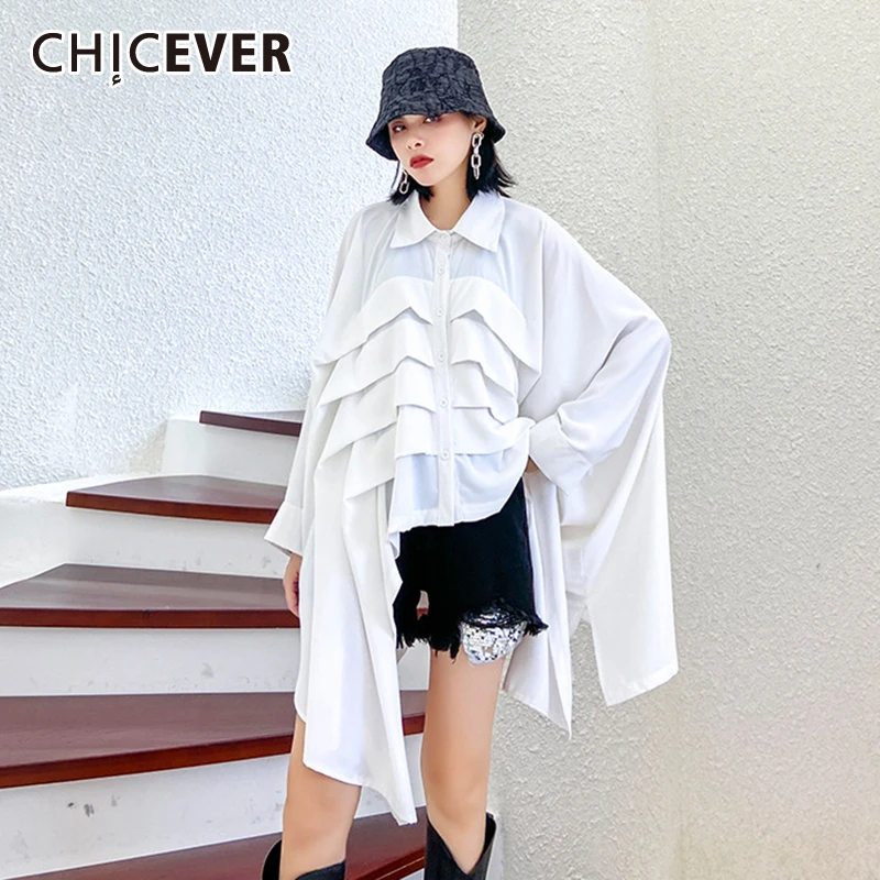 

CHICEVER Asymmetric Ruched Shirt For Women Lapel Collar Batwing Sleeve Patchwork Ruffles Streetwear Blouse Female 2020 Fall New