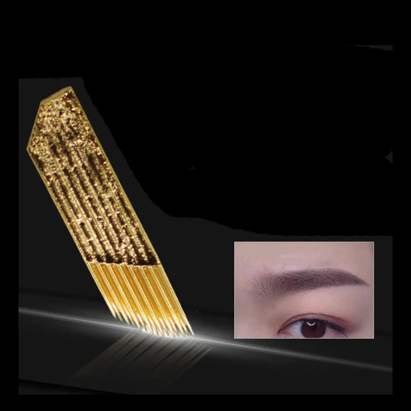 Permanent Makeup 3D Embroidery Needle Golden 2 Row 15 Pins For Eyebrow Tattoo Microblading Blade Fog |