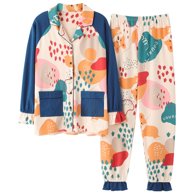 

Plus Size 3XL Women Sleepwear Cartoon Nightgown Cotton Nighty Long Sleeve THIN Spring Fall Pyjamas Lapel Loose Version Pajamas