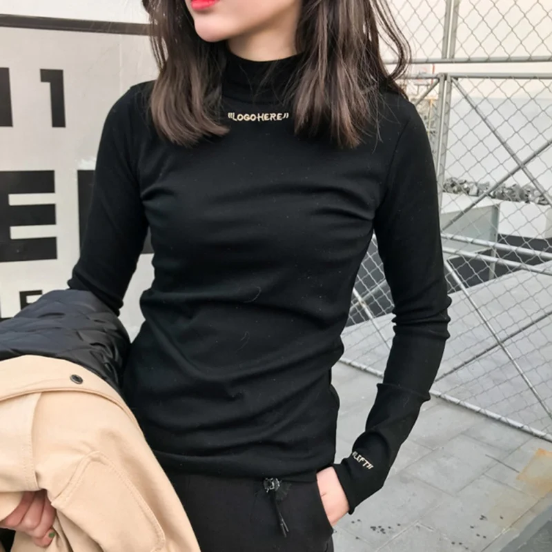 Осень Зима Женская мода Тонкий Рубашки Высокий воротник печати письма с длинным