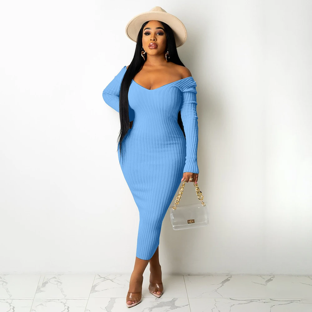 

Autumn Winter Casual Womens Dress 2021 New Long Sleeve Solid Color V-neck Blue Sexy African Jumper Women Knitting Dress