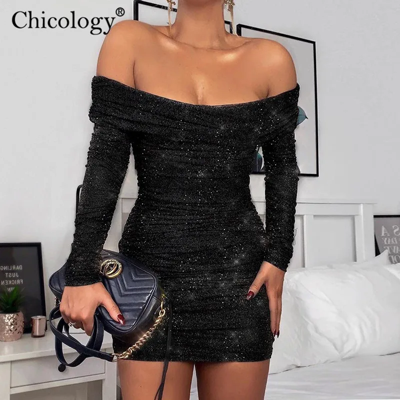 Chicology блестящие туфли с открытыми плечами длинным рукавом Лонгслив мини платье