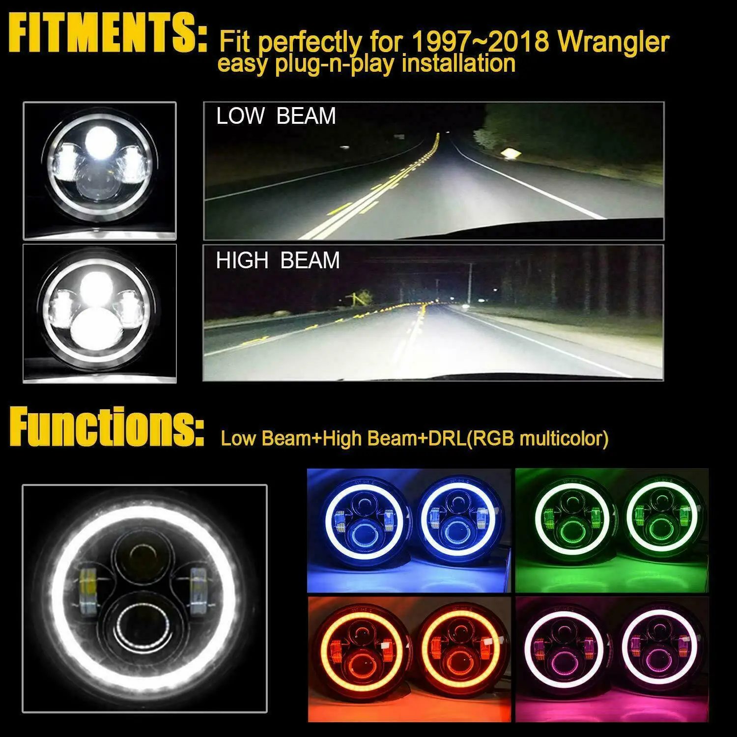 Для Jeep Wrangler JK TJ LJ Halo RGB 7 светодиодный ные фары Ближний/Дальний свет DRL Bluetooth