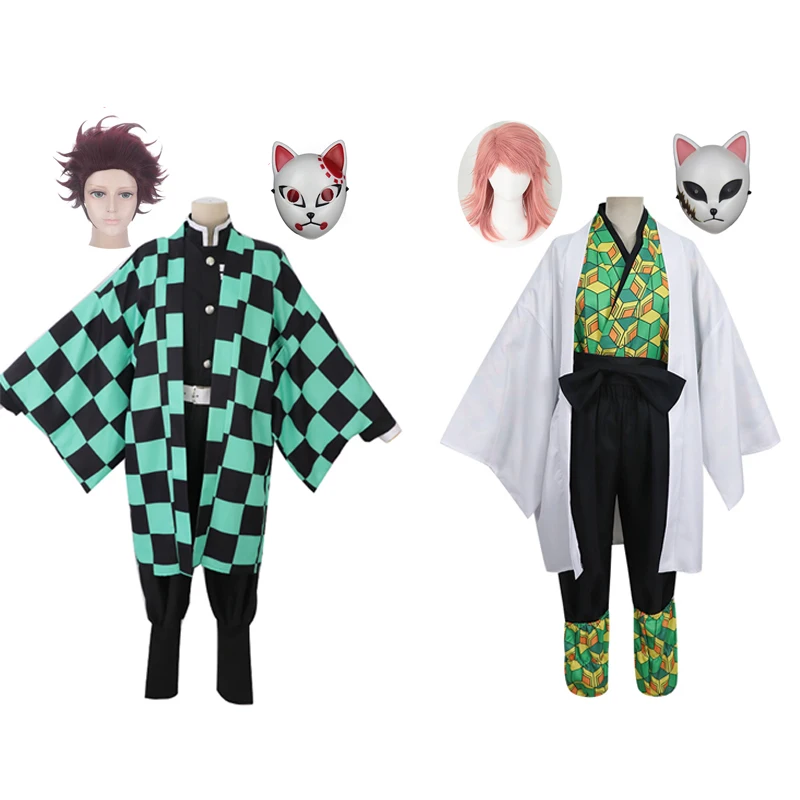 

Demon Slayer Kimetsu no Yaiba Kamado Tanjirou Sabito Full Set Cosplay Costume Mask Wig Halloween Funny Costume Height 100-185cm