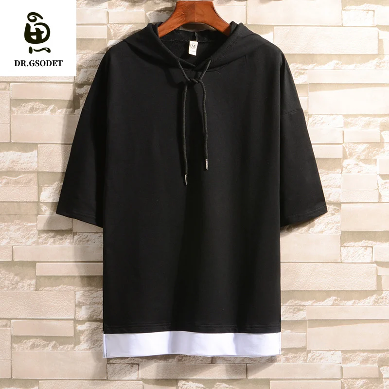 

GSODET Summer T-Shirt Couple Cotton Harajuku Fake Two Hooded Loose Simple Half-Sleeved All-Match Oversize Men's and Women's Top