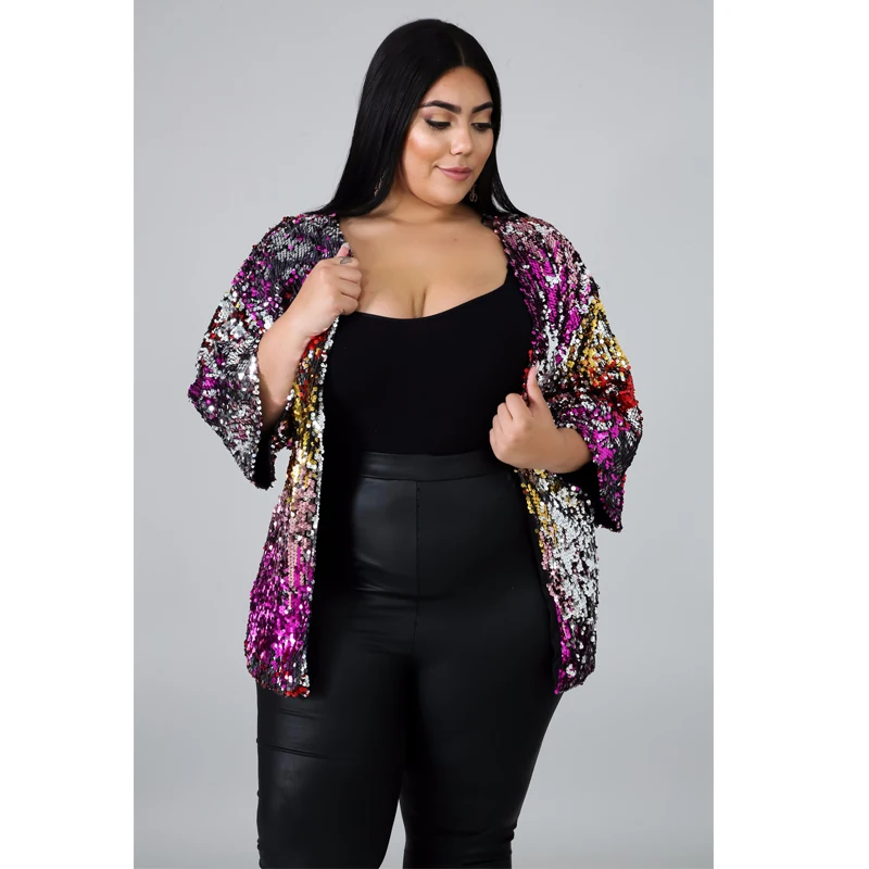 Autumn Coats and Jackets Women V Neck Long Sleeve Sequin Cardigan Casual Jacket Loose Plus Size Wholesale Dropshipping | Женская одежда
