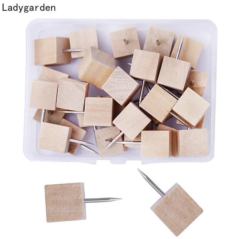 

100PCS 20mm Wooden Thumbtack Drawing Push Pins Quadrate Wood Head Photos Cork Board Posters Calendar School Office Supplies