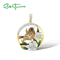 santuzza silver pendants for women authentic 925 sterling silver gold color delicate flower sparrow fine jewelry handmade enamel