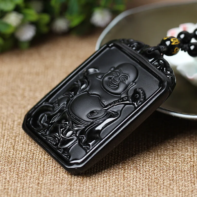 Ожерелье из бусин натурального черного обсидиана ручная работа подвеска Будды