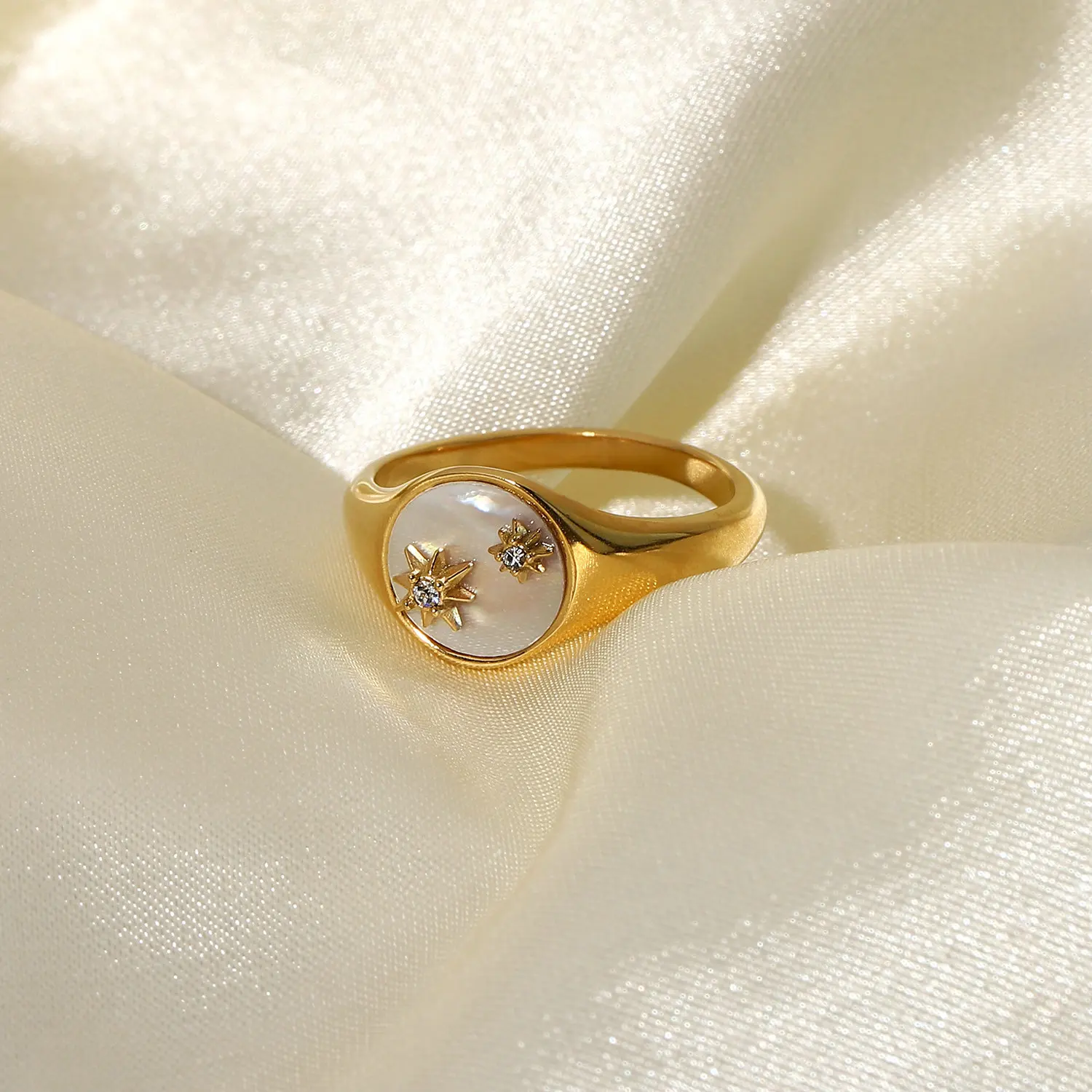 

Zircon White Shell Malachite Eight Star Rings For Women INS Trendy Gold Plated Stainless Steel Jewelry