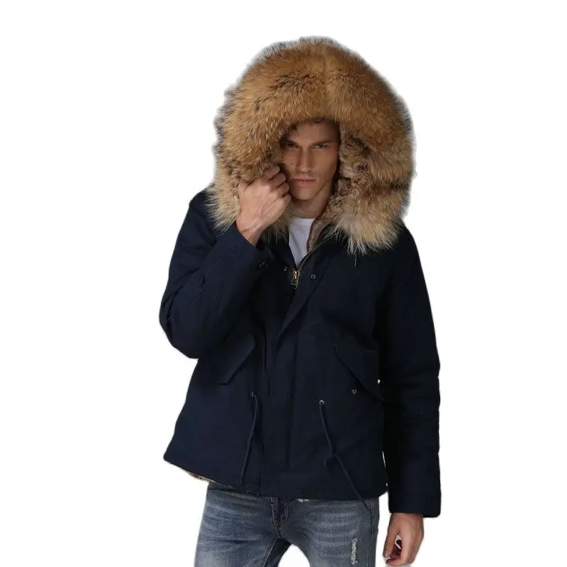 Мужская короткая Парка темно-синего цвета с подкладкой из искусственного меха -