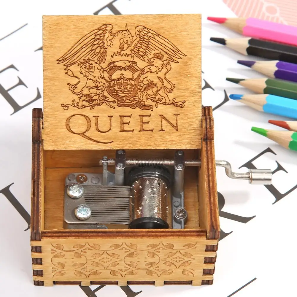 

Bohemian Rhapsody Antique Music Box Carved Wooden Hand Crank Music Box Creative Queen Pattern for Birthday Gift