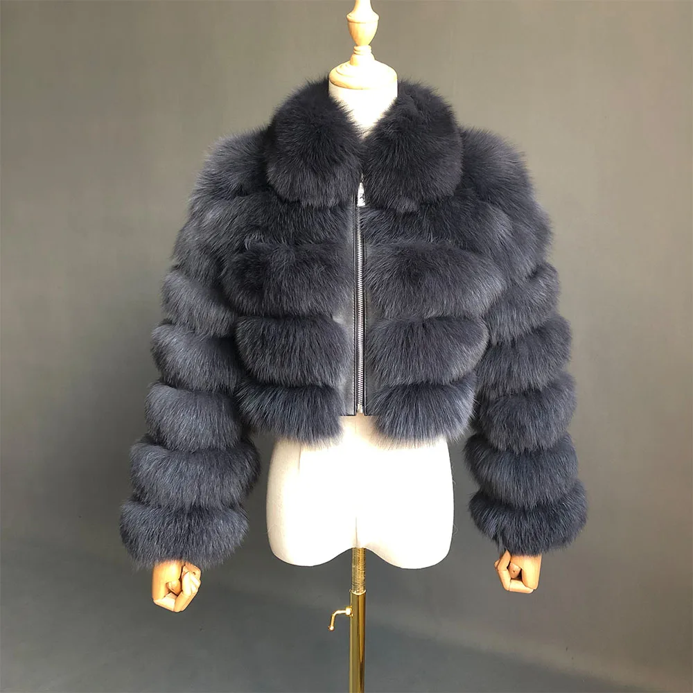 dark grey Новое поступление Женская Шуба из натурального Лисьего меха Короткая Стильная приталенная модная куртка с натуральным мехом на молнии - Цвет: dark grey