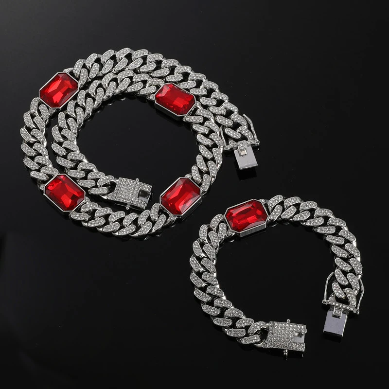 

Hip Hop 12MM 2pcs Kit Bling Iced Out Square Blue Red Gem Crystal Cuban Link Chain AAA Men's Bracelet Necklace for Women Jewelry