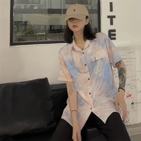 summer fashion harajuku streetwear vintage tie dye printing shirt short sleeve loose single breasted oversized blouses shirt