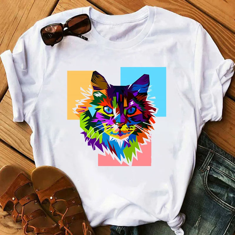 

Colorful Cat T-shirt Women T Shirts Casual Tees Summer Harajuku Short Sleeve Round Neck Cheap Clothes Tops Mode Femme Tshirts