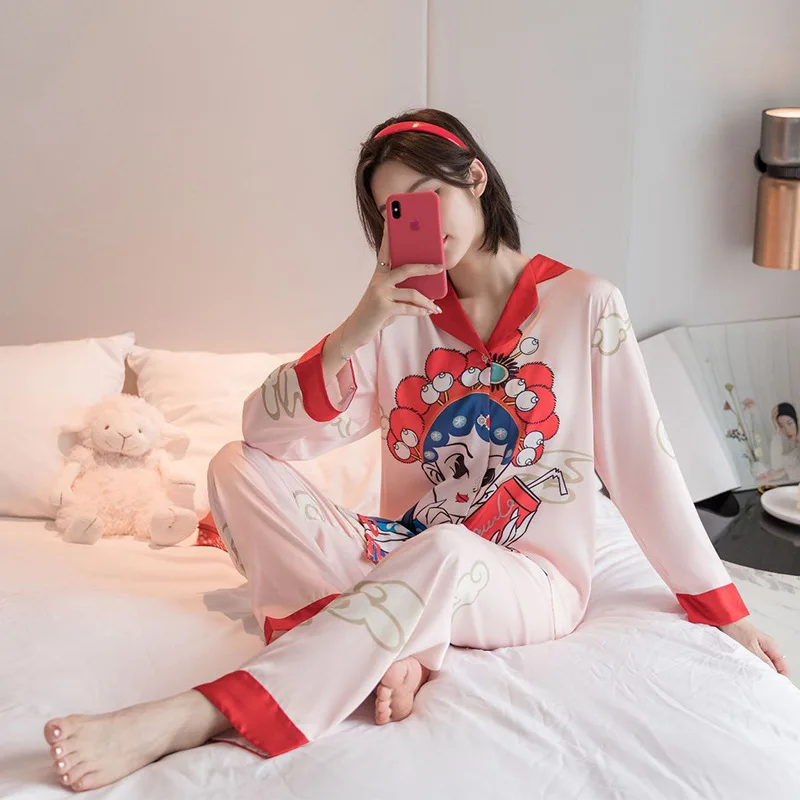 

Chinese Style Pajamas Set 2PCS Sleepwear Women Spring Autumn Long Sleeve Shirt&Pant Pijamas Suit Print Sleep Set Silky Homewear