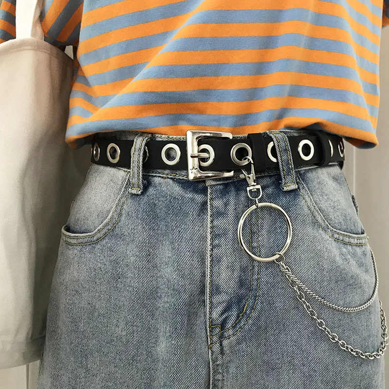 

Women PU Black Belt Fashion Hip Hop Round Chain Buckle Belts Punk Street Waistband Luxury Jeans Accessories Harajuku 102cm 2019