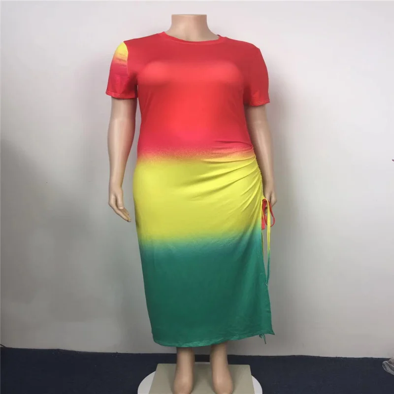 

Charming Gradiet Color Printing Women Party Dress Plus Size 2021 Summer O-neck Short Sleeve High Split Lace-up Bodycon Dresses