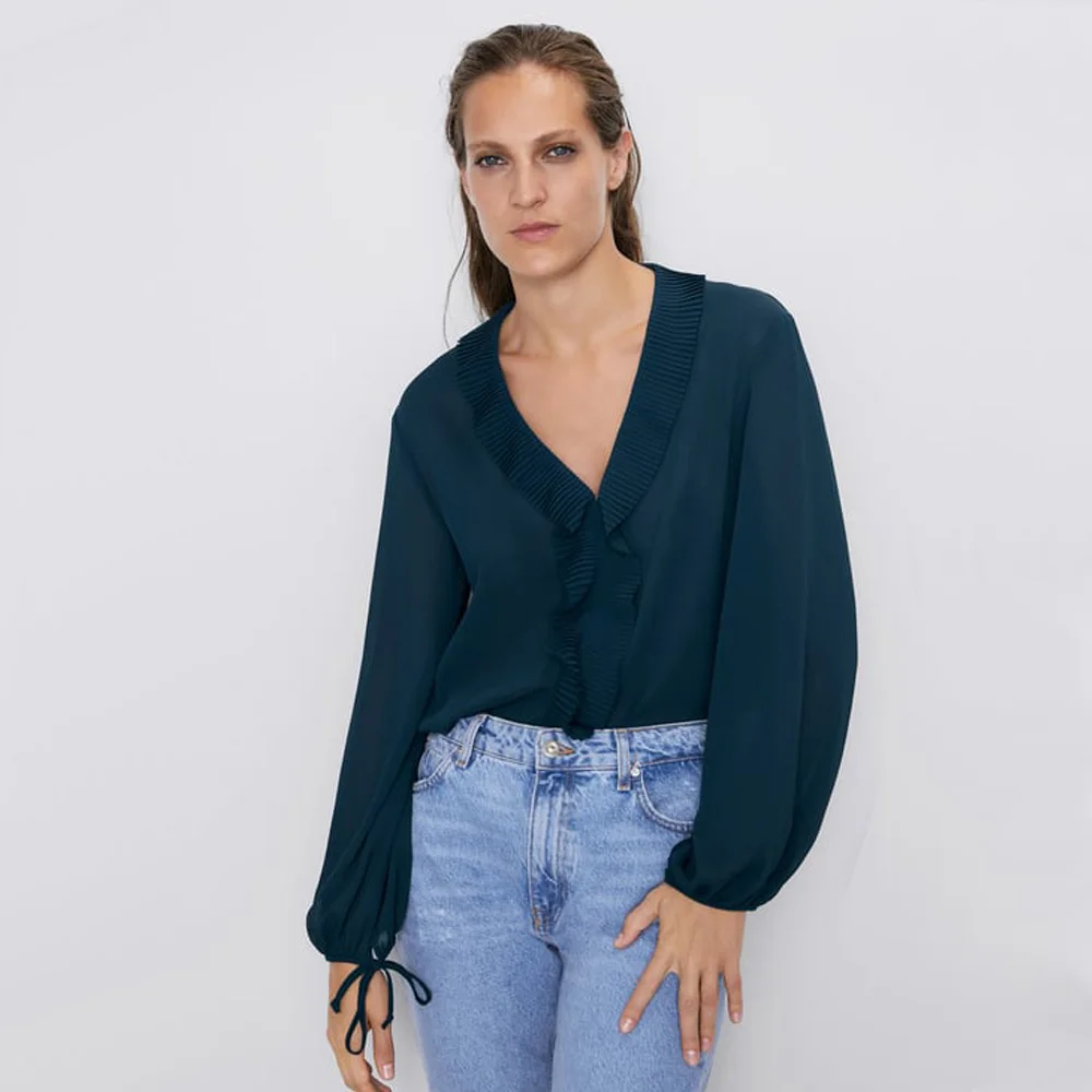 2019 ZA шифон Синий гофрированный Джемпер Женская одежда Мода v образным вырезом