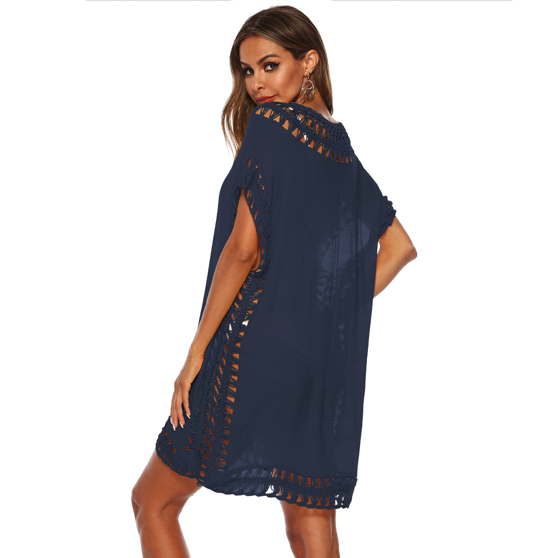 

V-neck hook stitching hood sexy hollow loose beach hoodie skirt dress for women