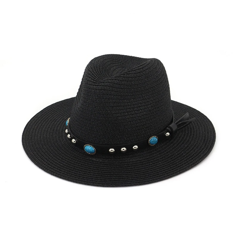 

Summer Paper Straw Weave Women Flat Brim Jazz Fedoras Hats with Rivet Belt Ladies Outdoor Beach Hat Sunhat Formal Panama Cap