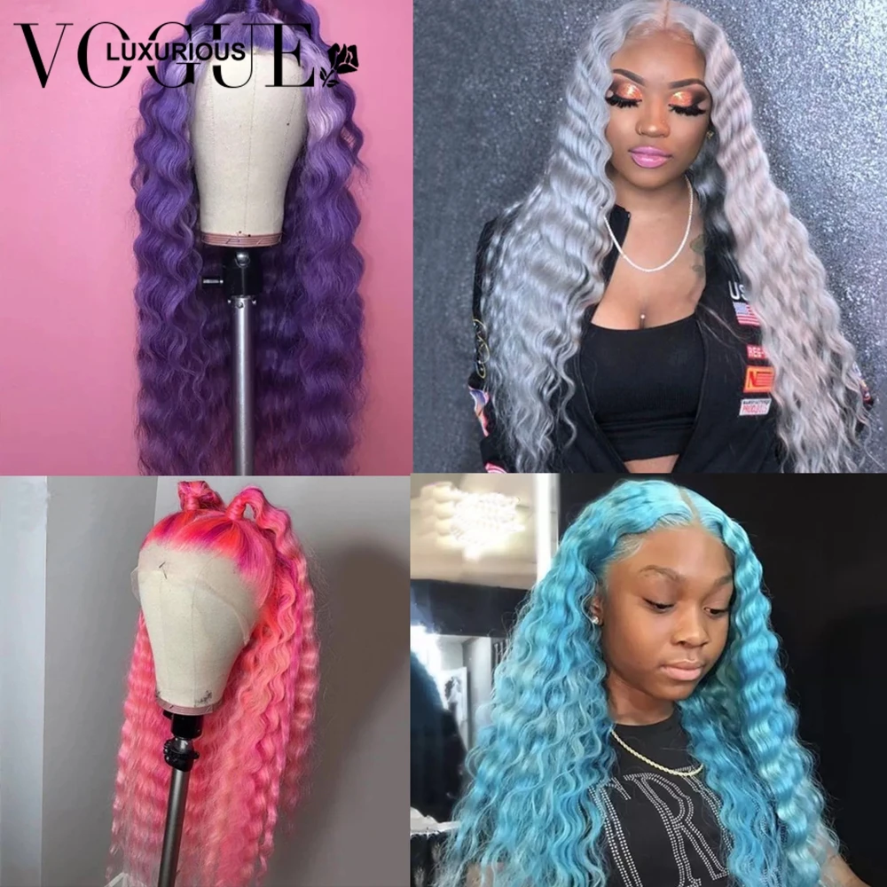 

Pre Plucked 13x4 Deep Wave Frontal Wig Grey Pink Purple Blue Human Hair Wig With Baby Hair Brazilian Remy Hair Wigs For Women