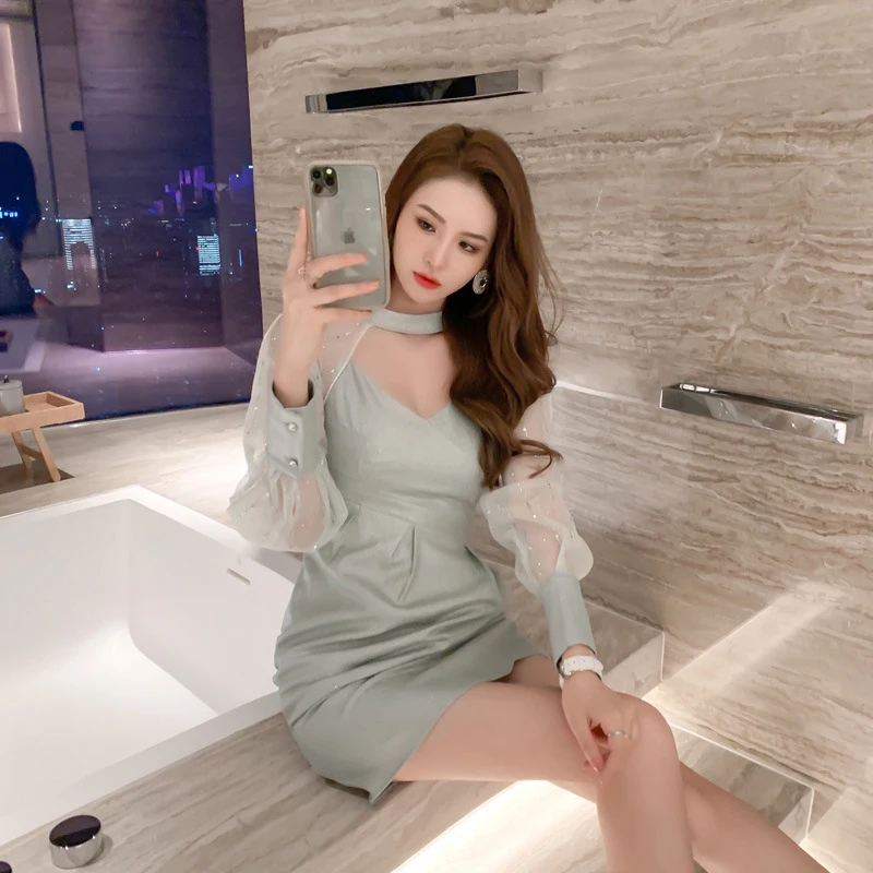 

new arrival fashion party night club dress women OL temperament shiny halter sexy hollow fresh mesh patchwork slim mini dress