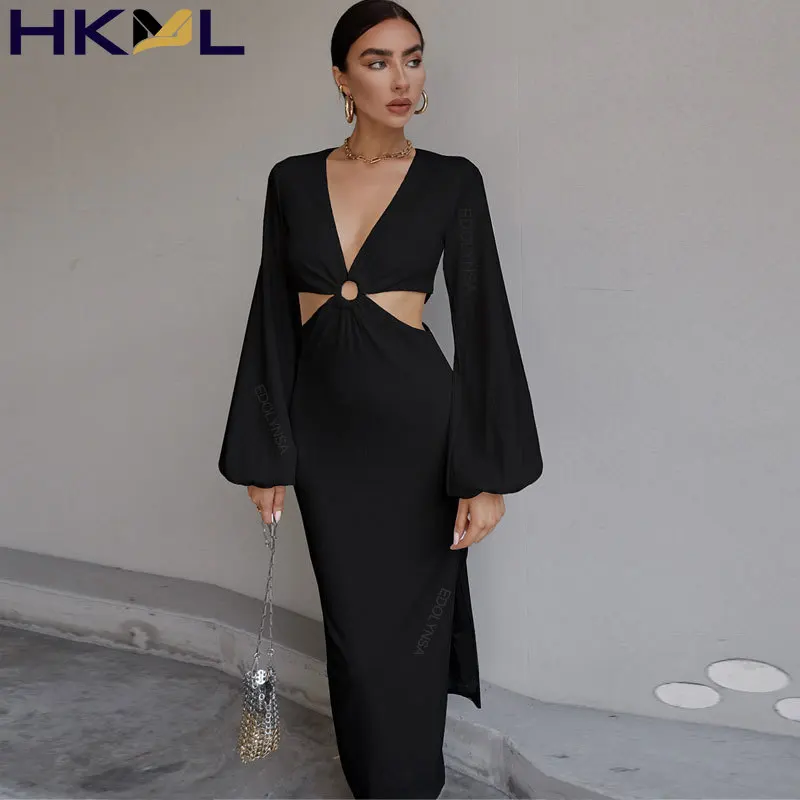 

Женское платье-туника с рукавами-фонариками, открытой спиной и V-образным вырезом