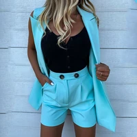 women sleeveless plaid button up tops elastic waist blazer top and pocket shorts sets elegant office ladies suits women workwear