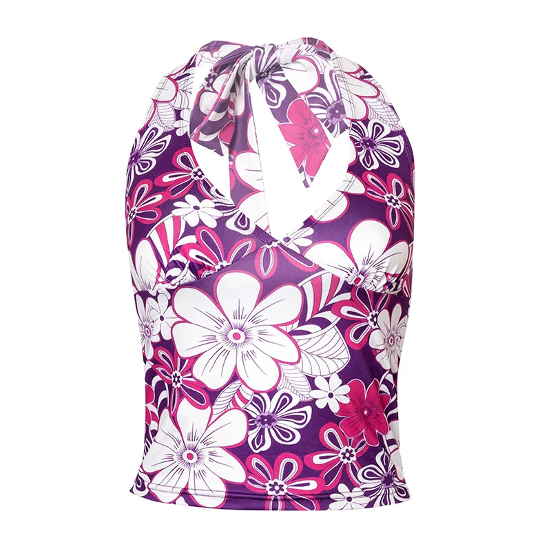 

90s Tee Tie Dye Print Casual Women Y2K Sexy Skinny Halter Deep V-Neck Backless Slim Vest Boho Floral Printed Casual Sleeveless