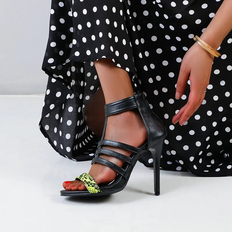 

QUTAA 2021 PU Leather Rome Sandals Fashion Thin High Heel Party Female Shoes Summer Zipper Sexy Women Pumps Big Size 34-43