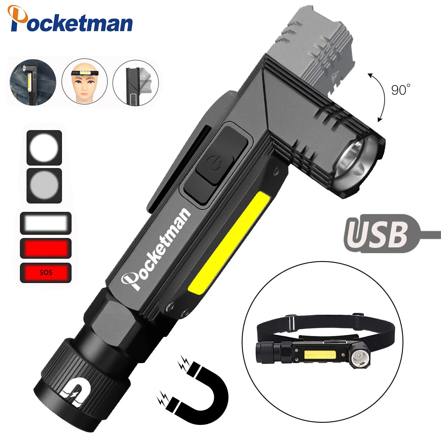 

Powerful Handfree Dual Fuel 90 Degree Twist Rotary Clip Rechargeable Tactical Flashlight, Super Bright 5 Modes LED Torch Outdoor