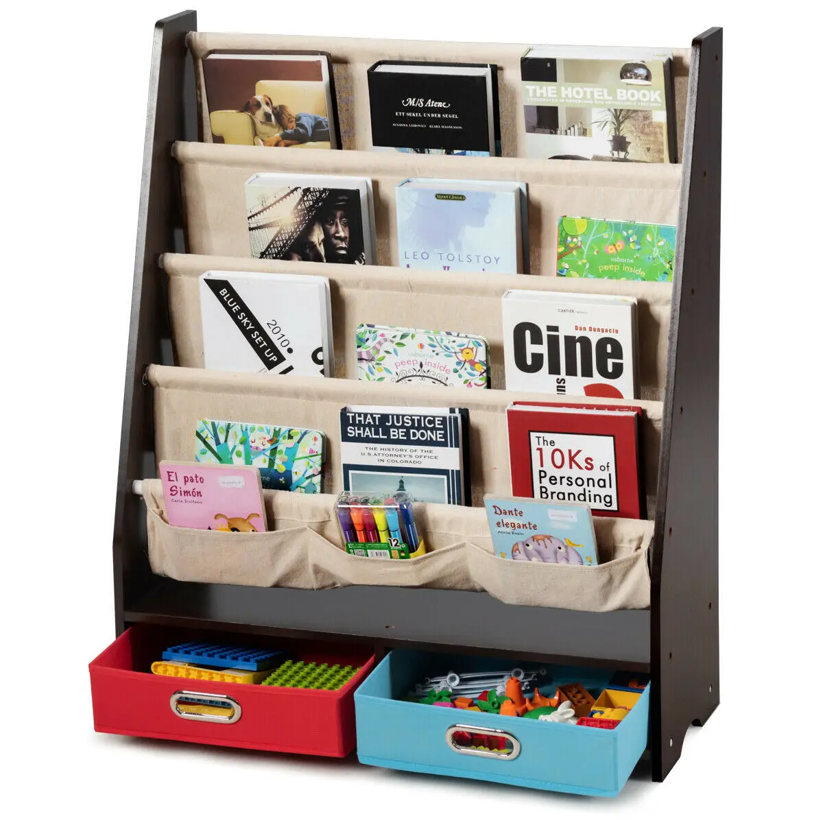 Kids Book Rack Toys Organizer Shelves w/ 4 Sling Bookshelf & 2 Boxes Espresso  HW65939CF