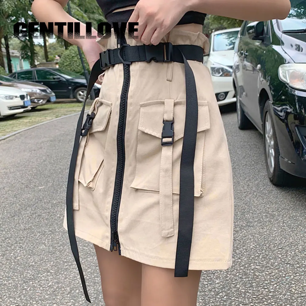Юбка женская с поясом декоративная однотонная мини юбка на молнии карманами