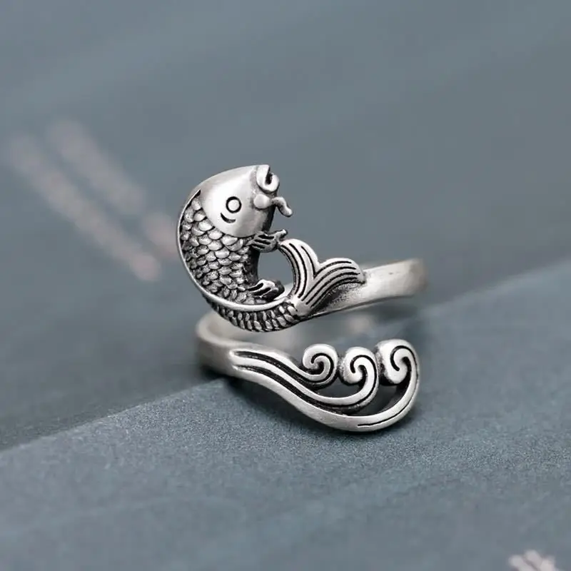 

Cute Vintage Sliver A Fish In Water Koi Ring For Women Open Adjustable Ring Animal Design Engagement Lucky Jewelry