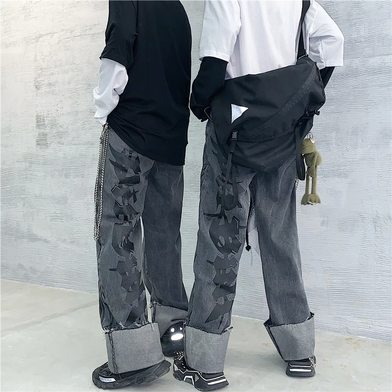 New Jeans for Women Vintage Grey Jeans Loose High Waist Trousers Cotton Harajuku Cartoon Jeans Casual Print Denim Trousers#8520