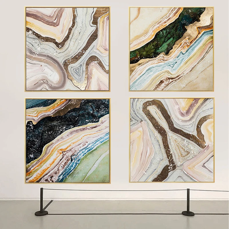 Абстрактные геометрические картины из голубого и коричневого мрамора на холсте