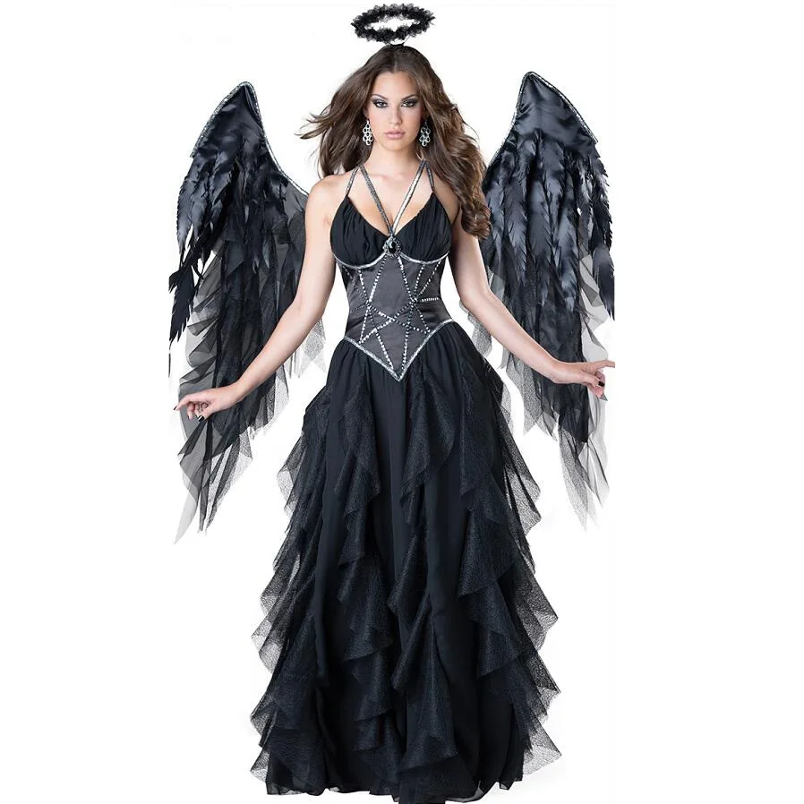 

Черный темный дьявол павший Ангел вампир костюм взрослые костюмы на Хэллоуин для женщин готический костюм ведьмы (платье, шляпа, крыло)